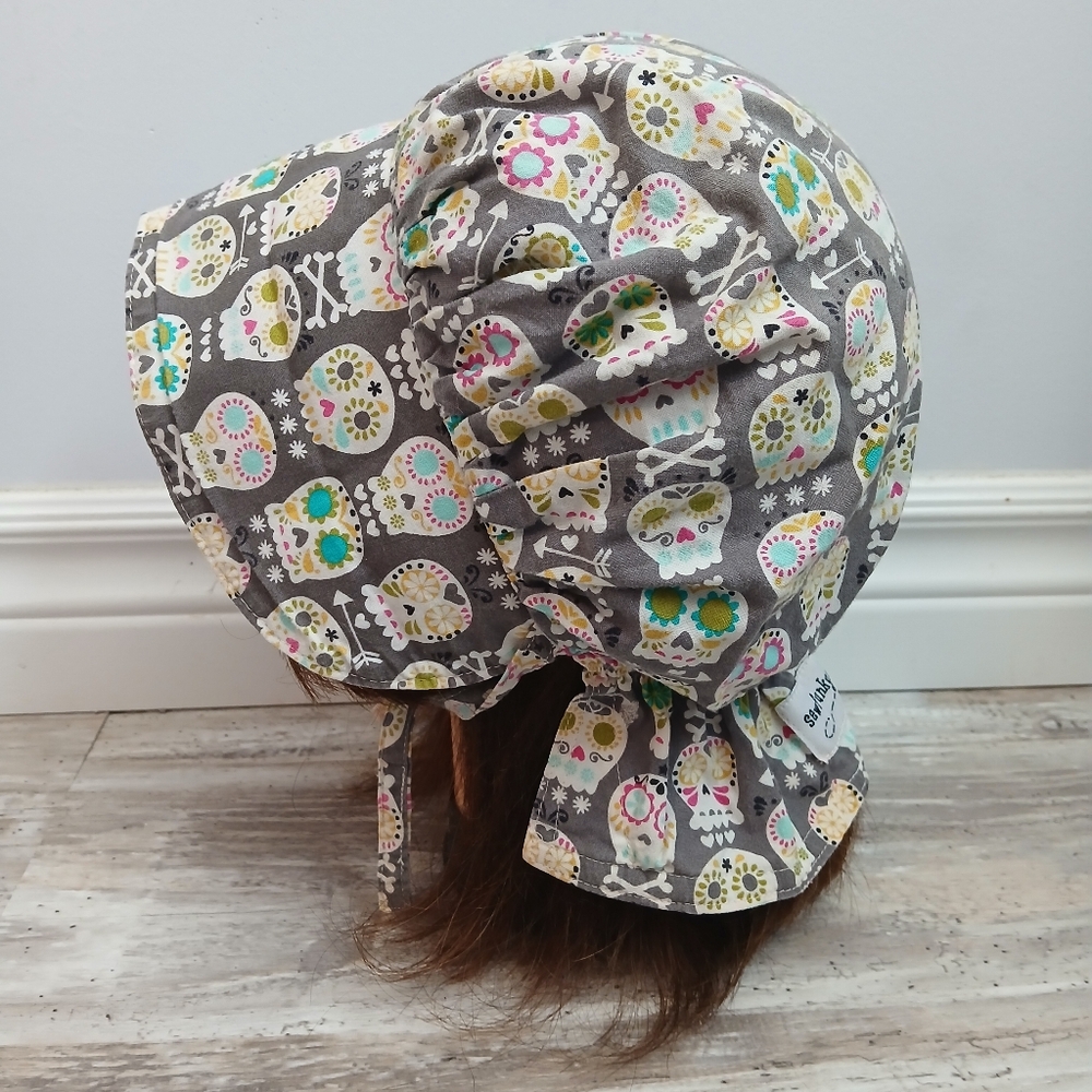Sewfunky Handmade Sun Bonnet 18M–3T | Sugar Skull Print, Grey | Made in Canada